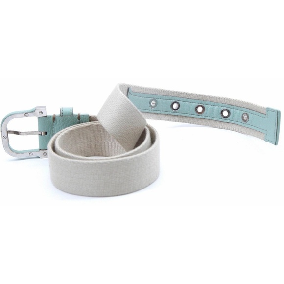 TOD\'S Belt Canvas Leather Green Silver HW Belt Khaki Beige Stitching